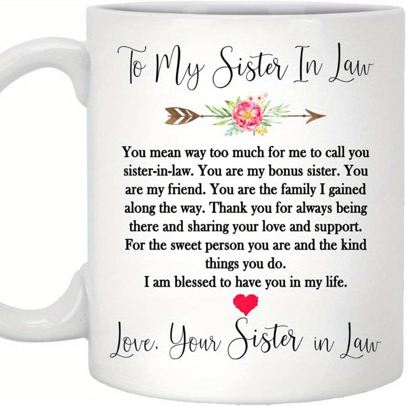 Tailorly White Ceramic 11 oz Mug - To My Sister In Law Elegant Rustic Arrow With Blooming Pink Flowers And Tiny Red Heart Mug