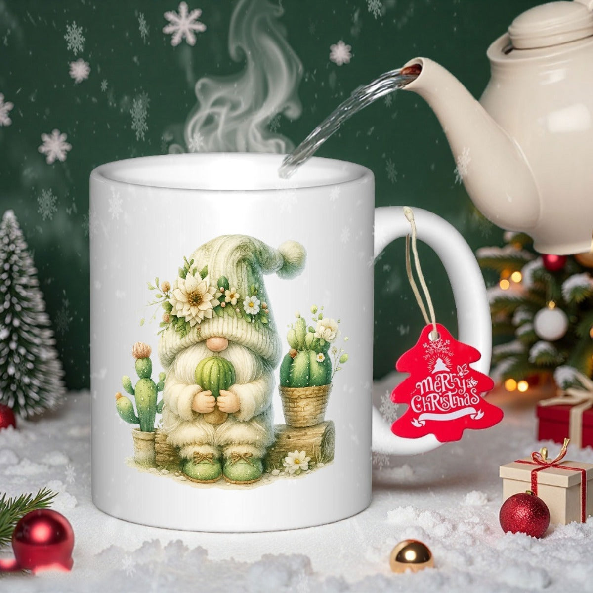 Tailorly White Ceramic 11 oz Mug - Charming Garden Illustration Featuring Floral Hat With Desert Cacti Gnome