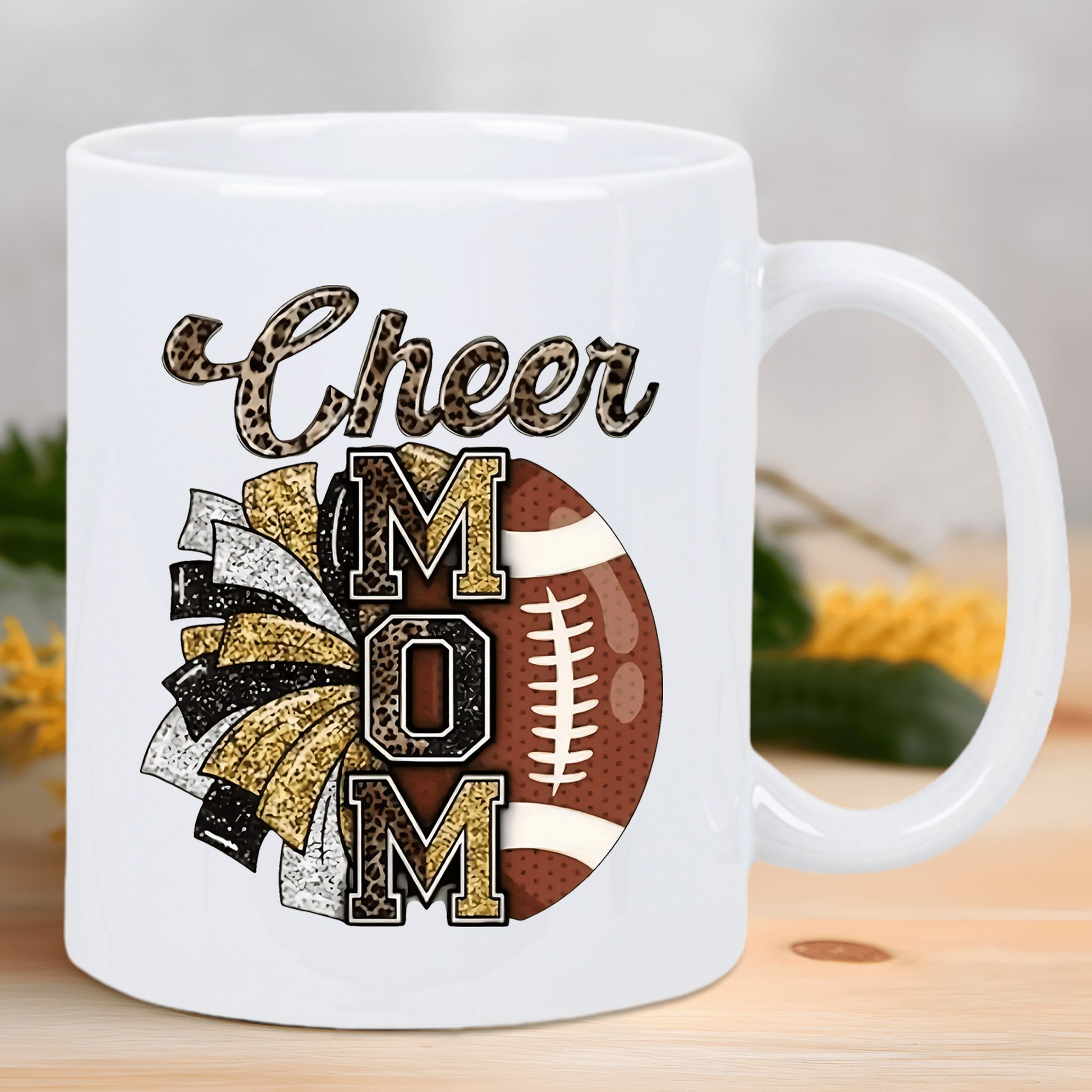 Tailorly White Ceramic 11 oz Mug - Cheer Mom Leopard Print Pom Pom With Glittery Textured Football