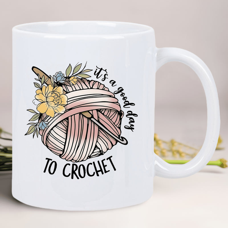 Tailorly White Ceramic 11 oz Mug - Its A Good Day To Crochet Soft Pink Yarn Ball With Hooks And Vibrant Yellow Flowers Yarn Ball