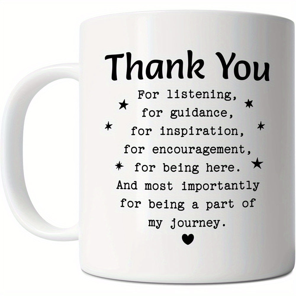 Tailorly White Ceramic 11 oz Mug - Thank You For Being A Part Of My Journey Twinkling Black Stars With Small Heart At The Bottom Heart