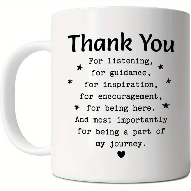 Tailorly White Ceramic 11 oz Mug - Thank You For Being A Part Of My Journey Twinkling Black Stars With Small Heart At The Bottom Heart