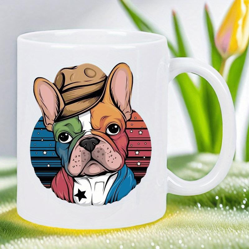Tailorly White Ceramic 11 oz Mug - Artistic Dog Wearing Fedora Hat And Sheriff Star Within Retro Sunset Bulldog