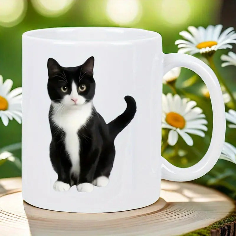 Tailorly White Ceramic 11 oz Mug - Alert Sitting Tuxedo Feline Featuring White Paws And Soft Fur Cat