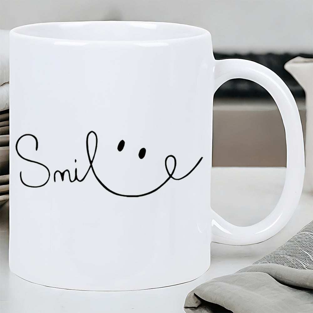 Tailorly White Ceramic 11 oz Mug - Smile Minimalist Hand Drawn Black Cursive Lines Forming A Joyful Expression Face