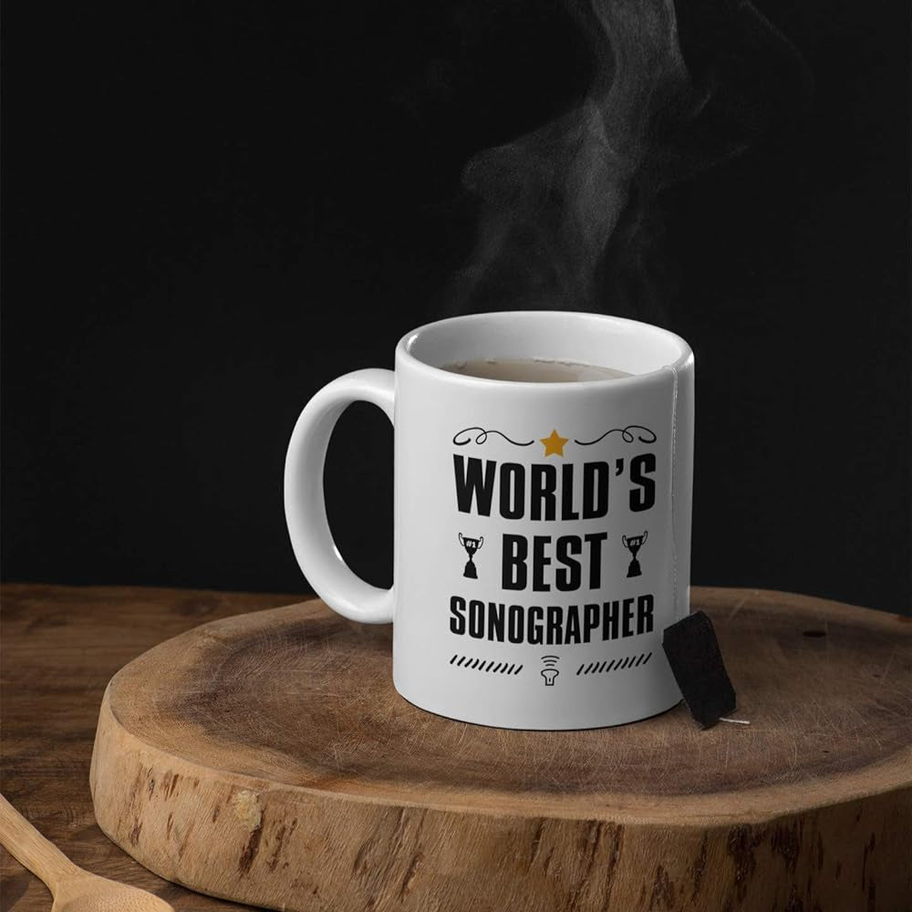 Tailorly White Ceramic 11 oz Mug - Worlds Best Sonographer Minimalist Black Typography With Golden Star And Trophies Design Mug