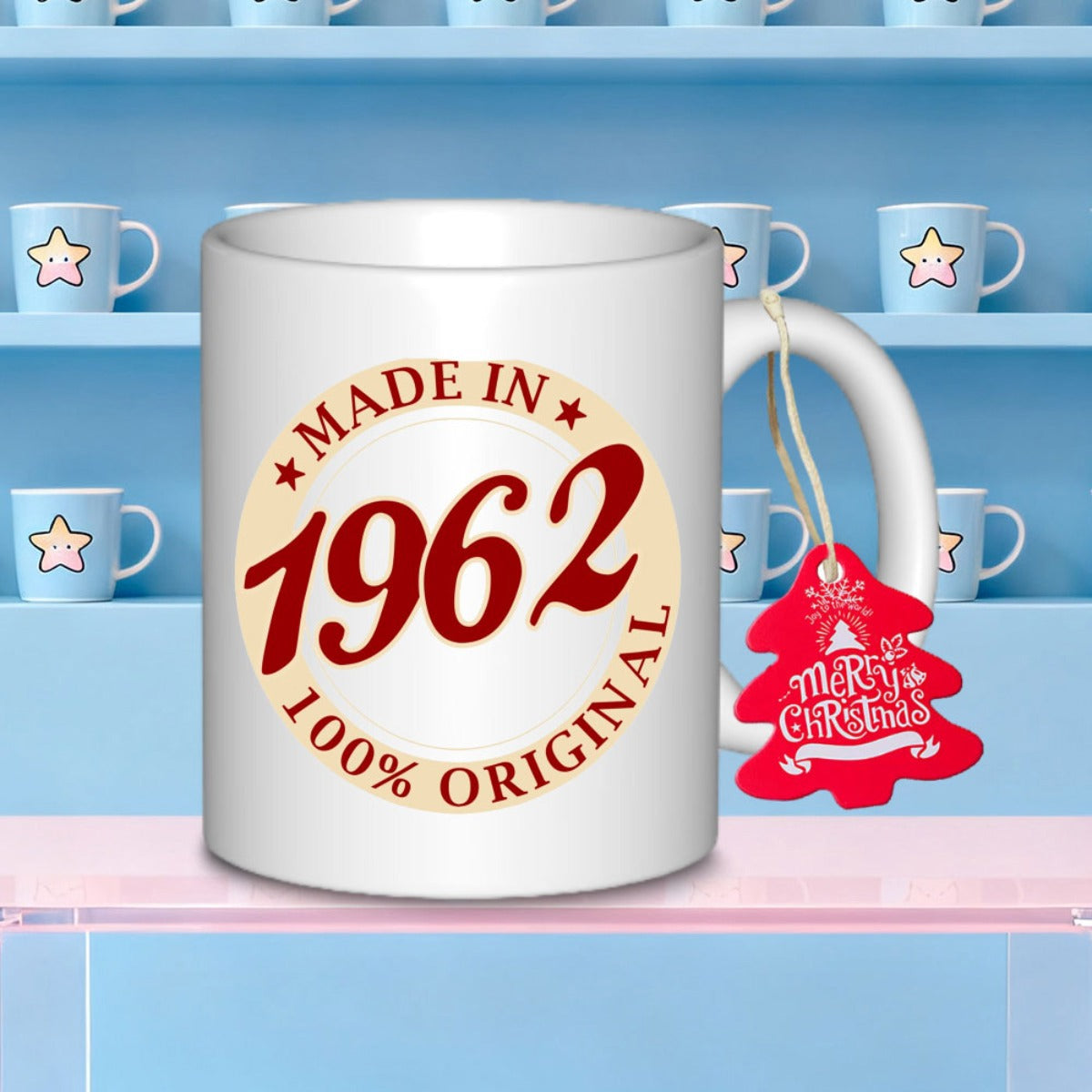 Tailorly White Ceramic 11 oz Mug - Made In 1962 100% Original Vintage Style Circular Emblem With Decorative Stars And Commemorative Year Badge