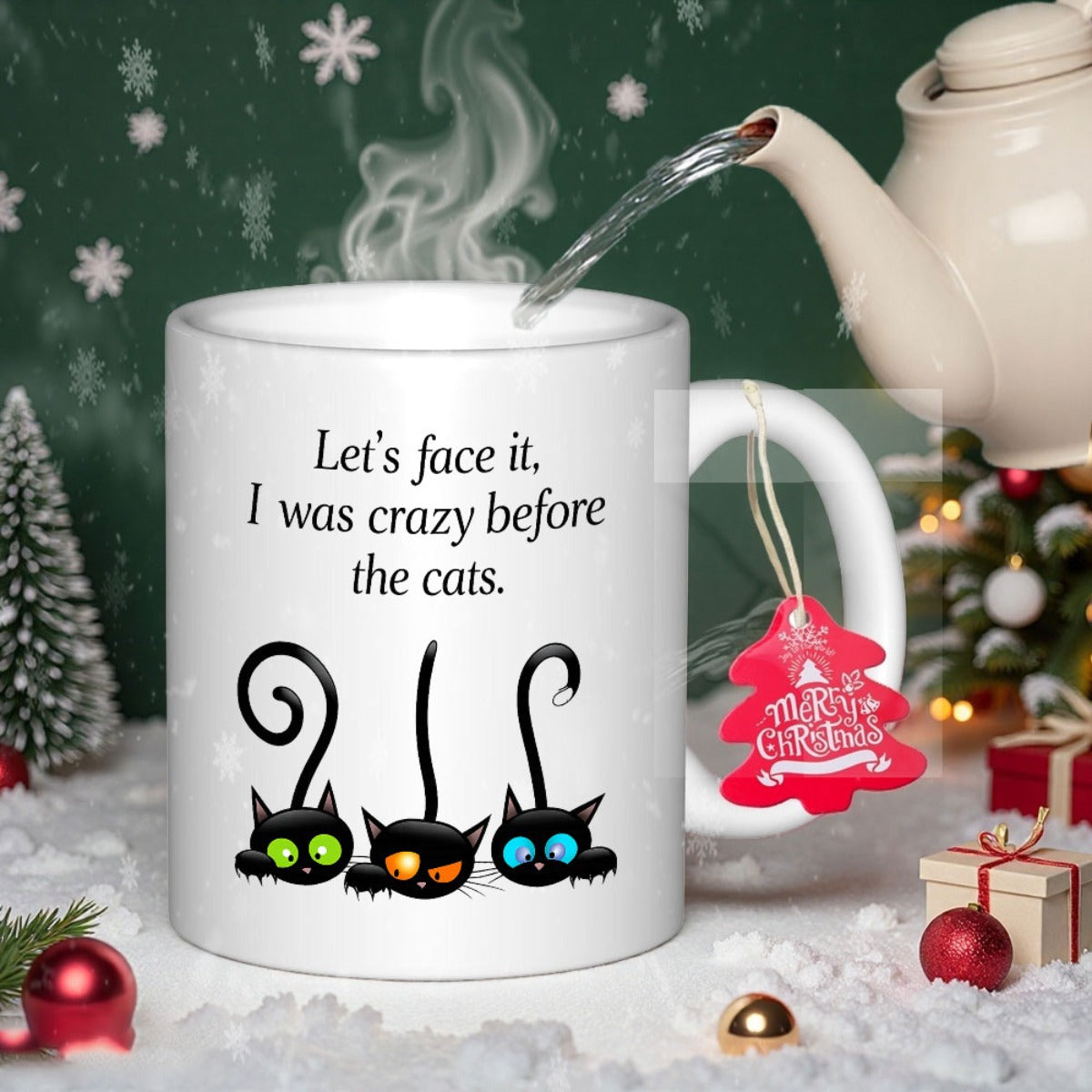 Tailorly White Ceramic 11 oz Mug - Lets Face It I Was Crazy Before The Cats Three Whimsical Black Kittens With Large Colorful Glowing Eyes And Curly Tails Cat