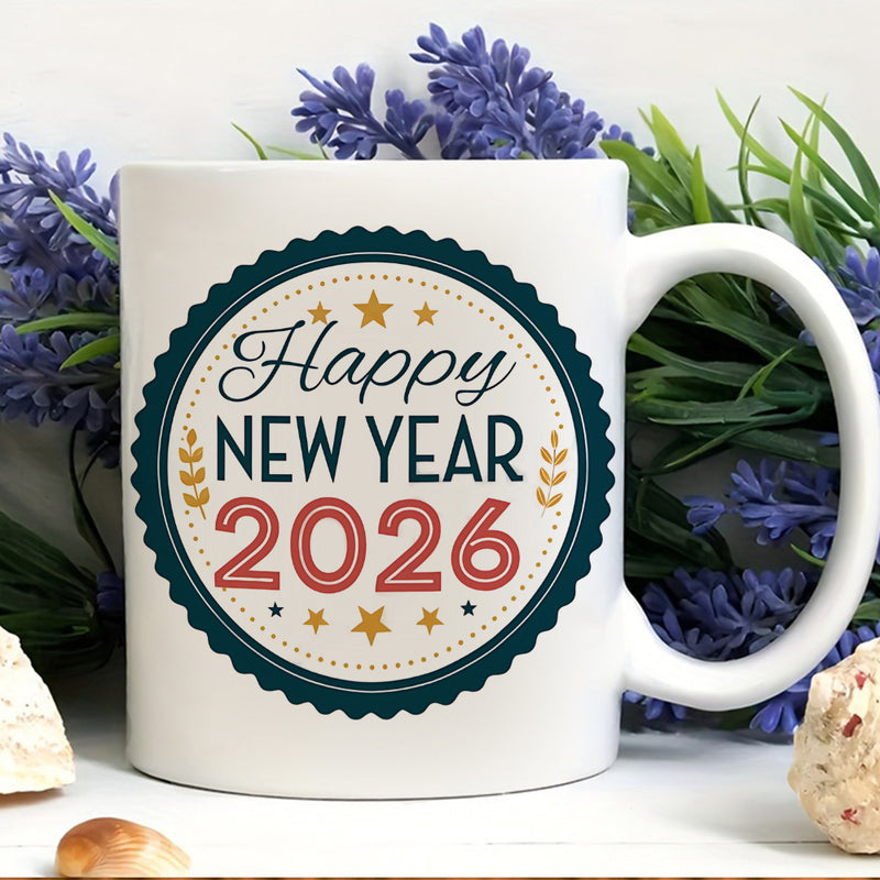 Tailorly White Ceramic 11 oz Mug - Happy New Year 2026 Festive Circular Seal With Golden Stars And Elegant Wheat Emblems Badge