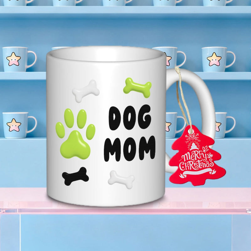 Tailorly White Ceramic 11 oz Mug - Dog Mom Vibrant Green Paw Print And Colorful Bone Elements On White Background Mug