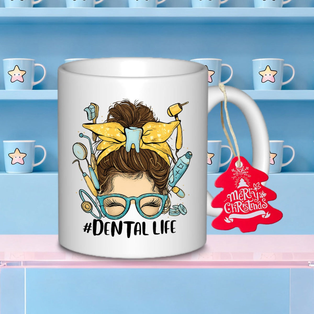 Tailorly White Ceramic 11 oz Mug - Dental Life Professional Woman With Messy Bun Wearing Yellow Headband And Dental Tools Girl