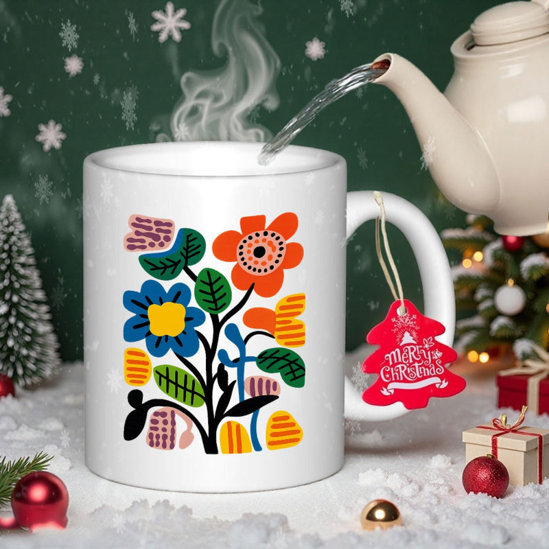 Tailorly White Ceramic 11 oz Mug - Merry Christmas Vibrant Colorful Folk Art Style Garden With Hand Drawn Blooming Flower