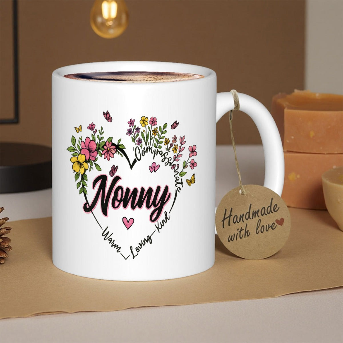 Tailorly White Ceramic 11 oz Mug - Nonny Warm Loving Kind Colorful Spring Flowers Forming A Beautiful Decorative Wreath Heart