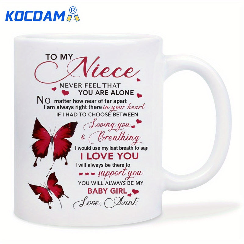 Tailorly White Ceramic 11 oz Mug - To My Niece Never Feel That You Are Alone I Love You Baby Girl Love Aunt Elegant Red Butterflies Floating Beside Heartfelt
