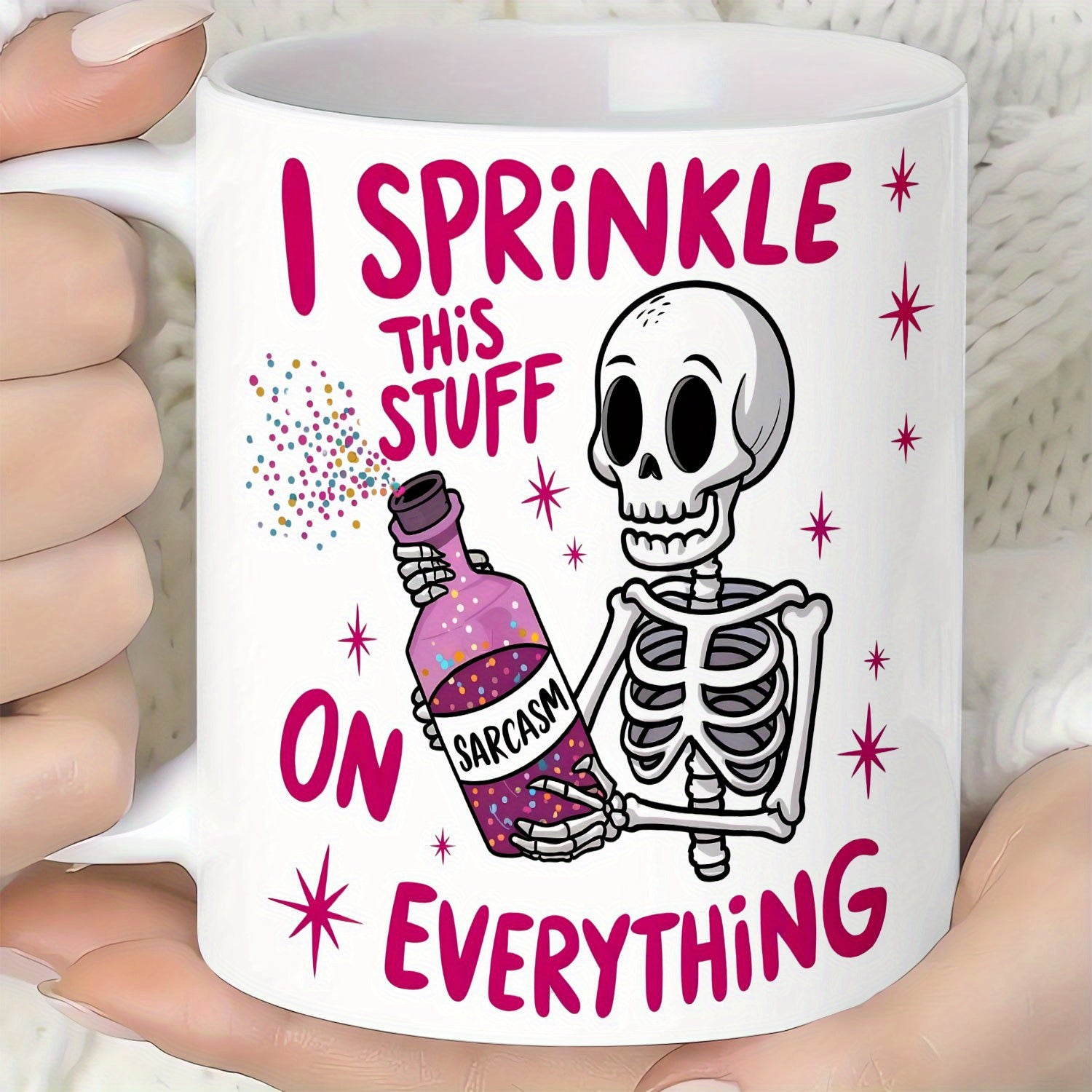 Tailorly White Ceramic 11 oz Mug - I Sprinkle This Stuff On Everything Glistening Cartoon Skeleton Holding A Purple Magic Bottle Among Pink Stars Skeleton