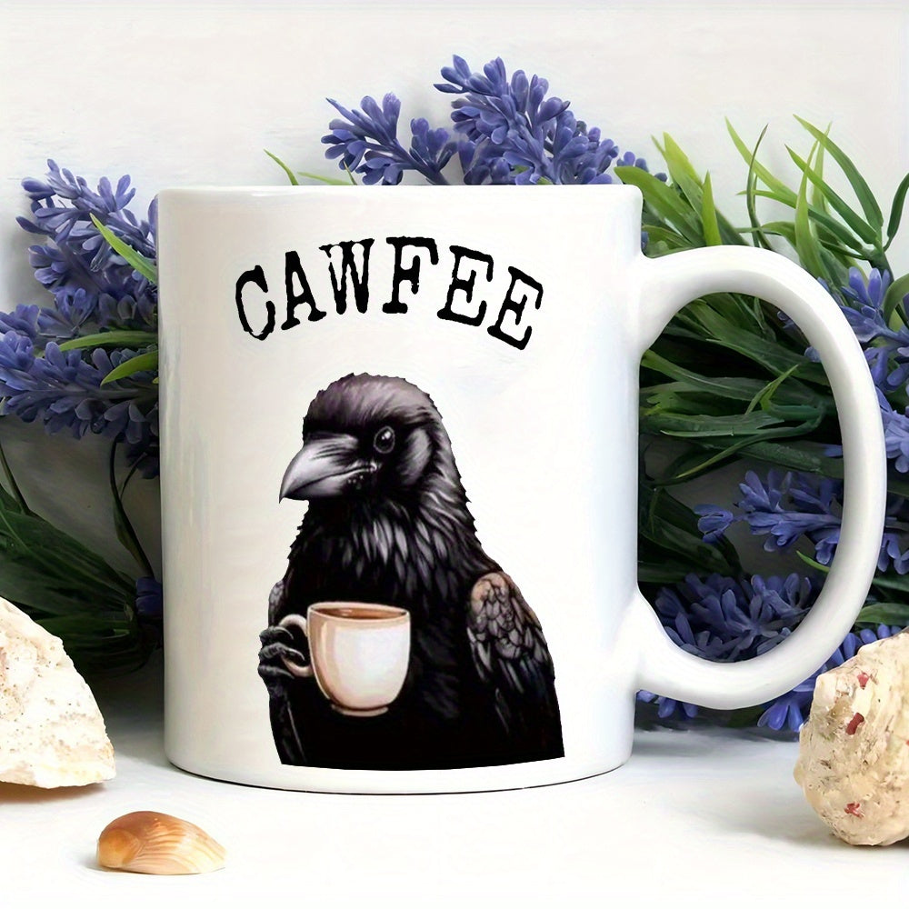Tailorly White Ceramic 11 oz Mug - Cawfee Dark Feathers Holding A Small Cup Among Purple Flowers Crow