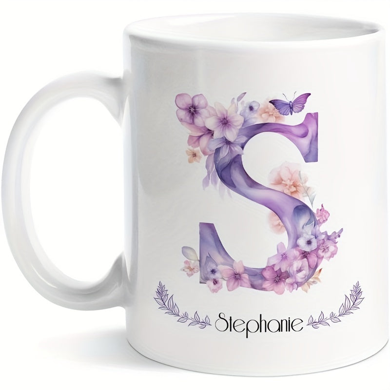 Tailorly White Ceramic 11 oz Mug - Stephanie Purple Watercolor Flowers And Butterfly Decorating A Large Artistic Capital Letter