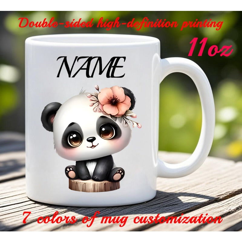 Tailorly White Ceramic 11 oz Mug - Name Adorable Cartoon Character With Delicate Pink Flower Sitting On Stump Panda
