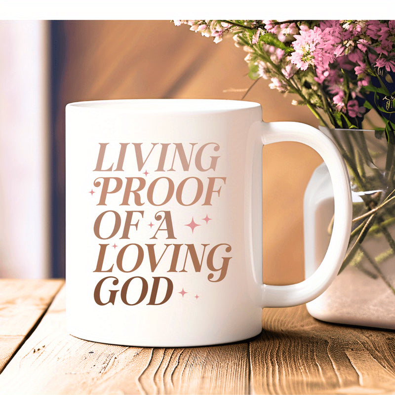 Tailorly White Ceramic 11 oz Mug - Living Proof Of A Loving God Elegant Typographic Letters Decorated With Minimalist Twinkling Tiny Stars Mug