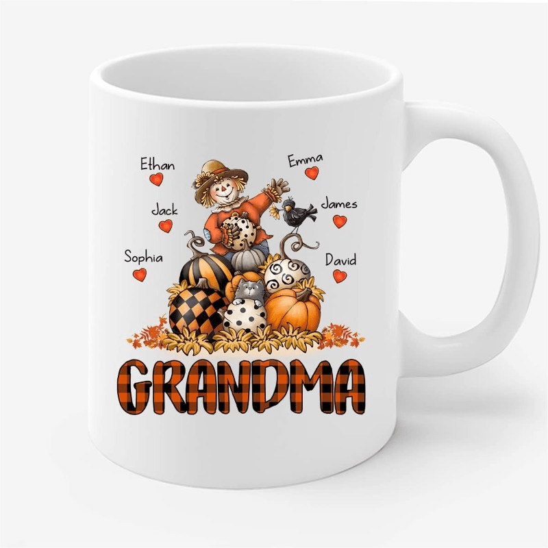 Tailorly White Ceramic 11 oz Mug - Grandma Ethan Emma Jack James Sophie David Festive Autumn Pumpkins And Hearts Sitting Among Falling Golden Leaves Scarecrow
