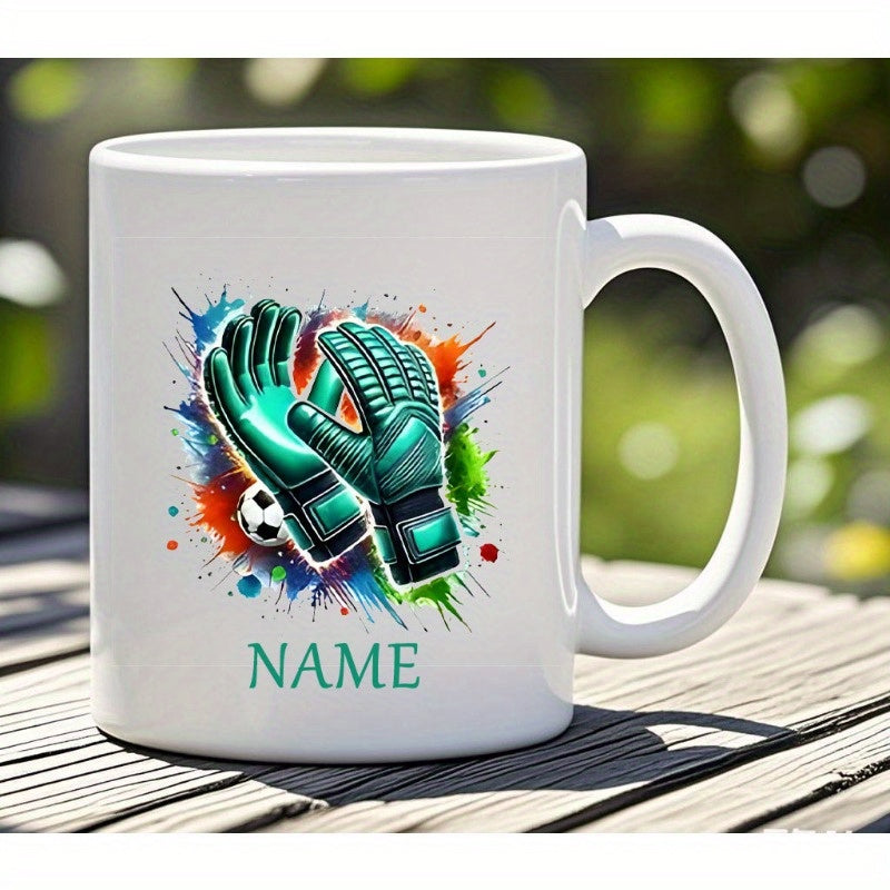 Tailorly White Ceramic 11 oz Mug - Name Vibrant Colorful Artistic Paint Splashes With Sports Gear For Dedicated Goalkeeper Gloves