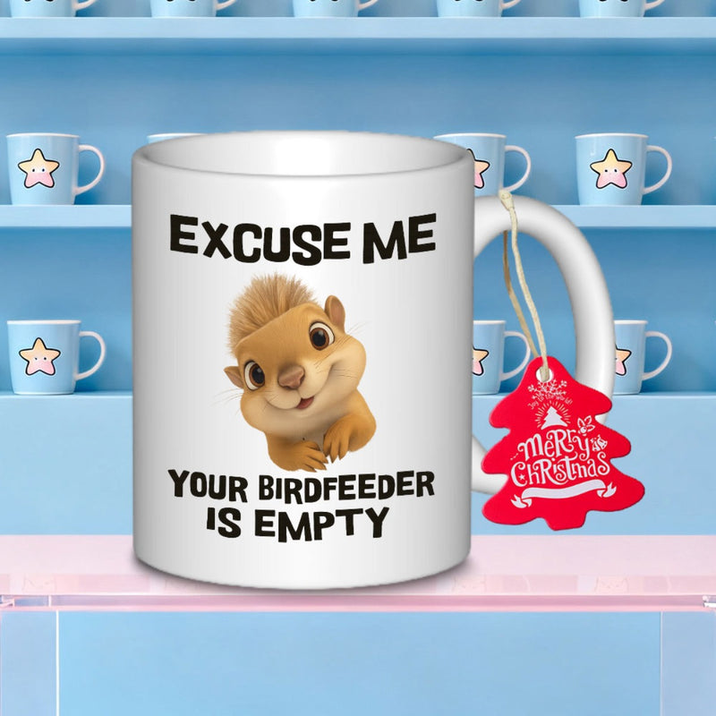Tailorly White Ceramic 11 oz Mug - Excuse Me Your Birdfeeder Is Empty Adorable 3D Cartoon Animal With Big Expressive Eyes Peeking Forward Squirrel