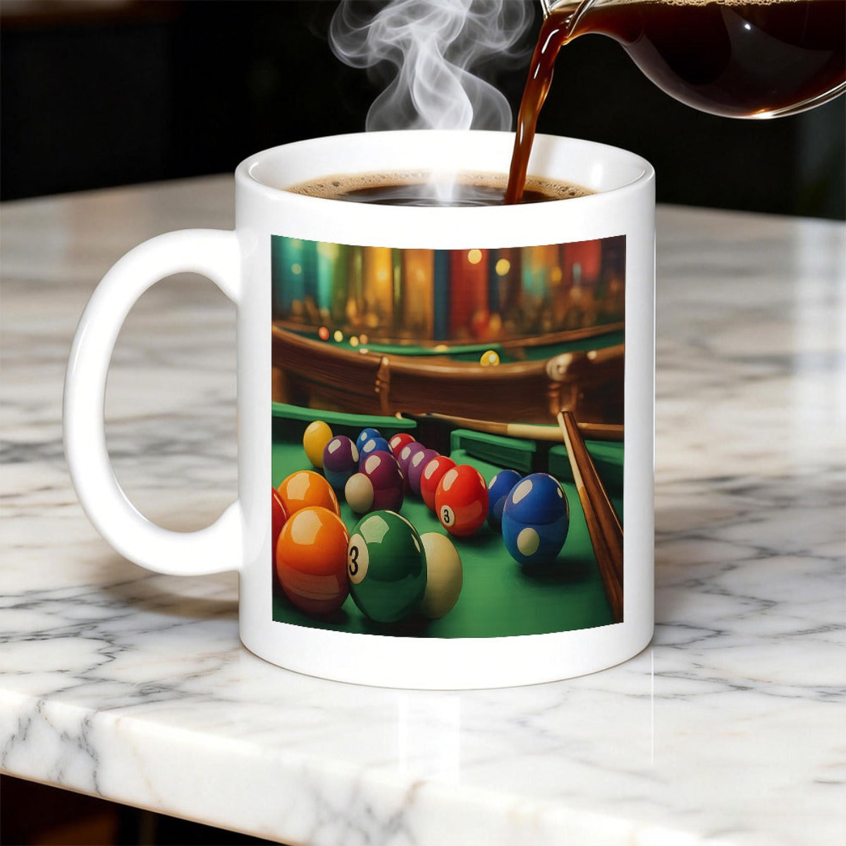 Tailorly White Ceramic 11 oz Mug - Colorful Numbered Balls Resting On Green Felt Surface Of Classic Billiards