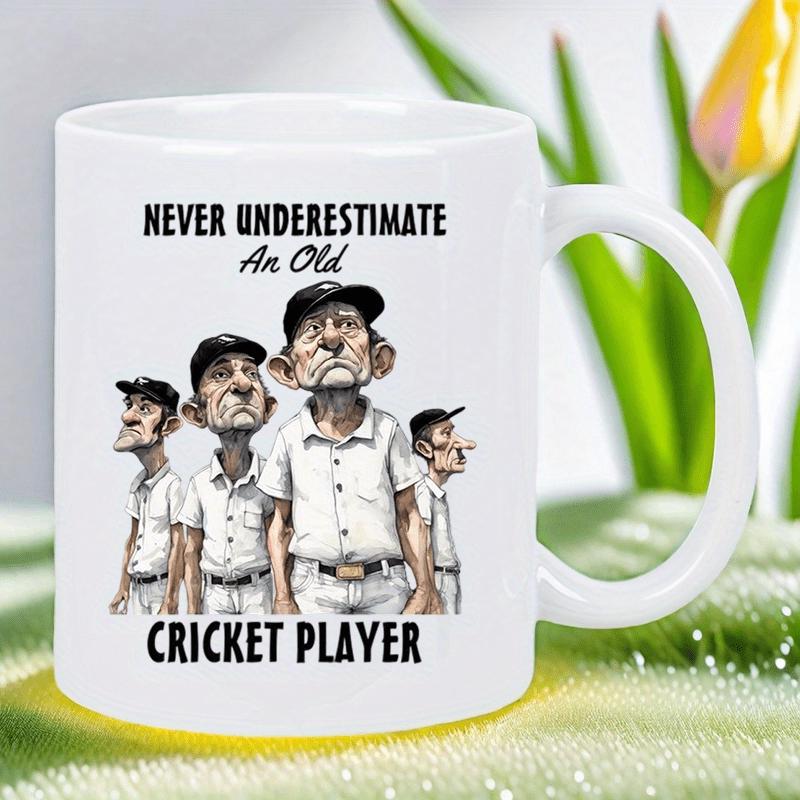 Tailorly White Ceramic 11 oz Mug - Never Underestimate An Old Cricket Player Caricature Illustration Of Four Elderly Men Wearing Classic White Gear Player