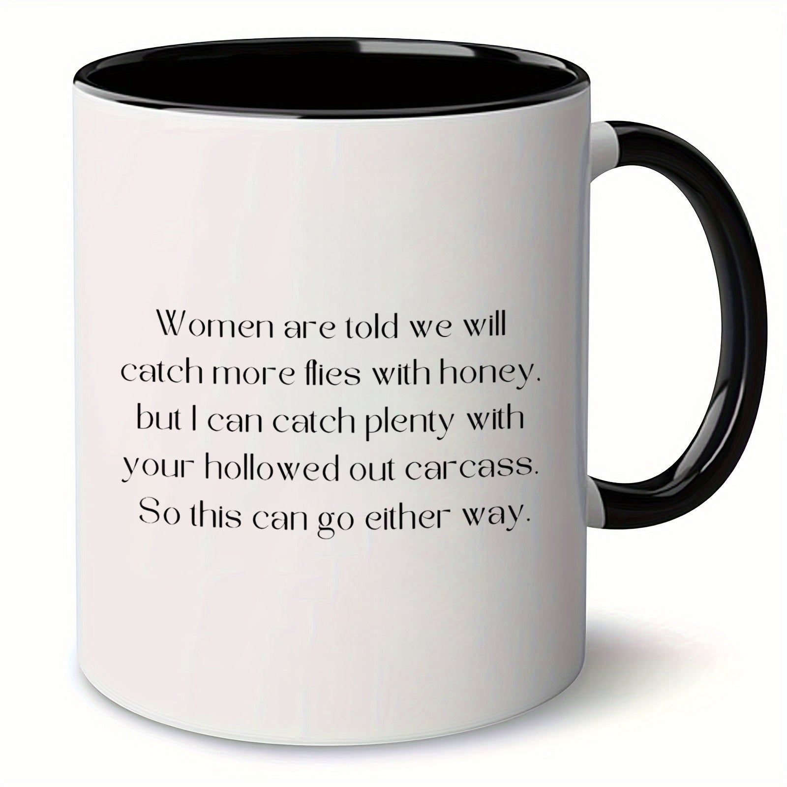 Tailorly Black Accent 11 oz Mug - catch flies with honey text