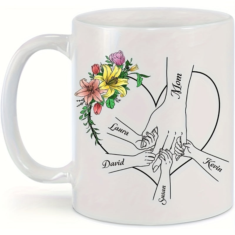 Tailorly White Ceramic 11 oz Mug - Mom Laura David Susan Kevin Beautiful Flowers Arranged Within Symbolic Heart For Loving Family Hand