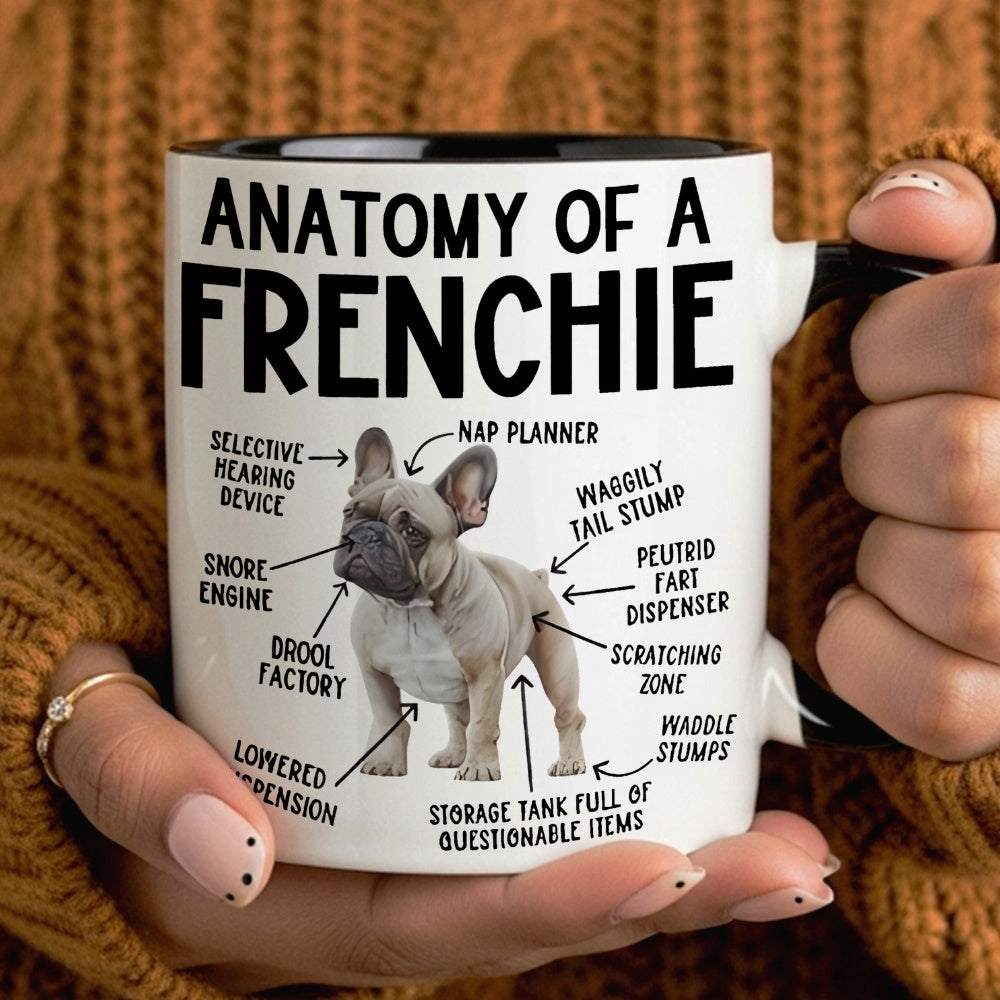 Tailorly Black Accent 11 oz Mug - french bulldog anatomy with labeled paws tail ears