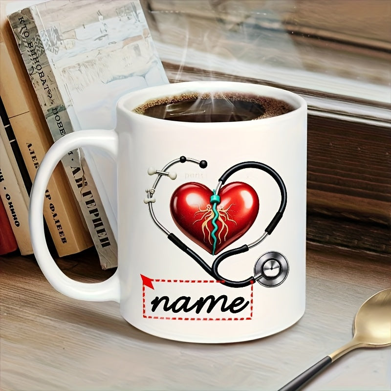 Tailorly White Ceramic 11 oz Mug - Name Medical Stethoscope Wrapping Around A Glossy Red Professional Care Heart