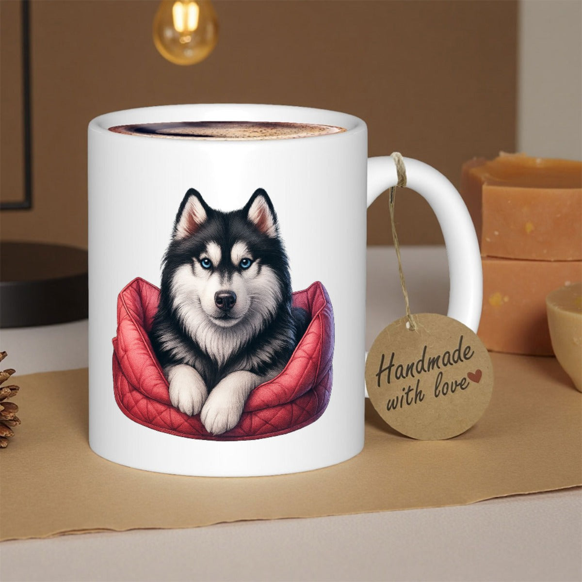 Tailorly White Ceramic 11 oz Mug - Graceful Siberian Husky Sitting Comfortably Inside A Warm Quilted Red Bed Husky