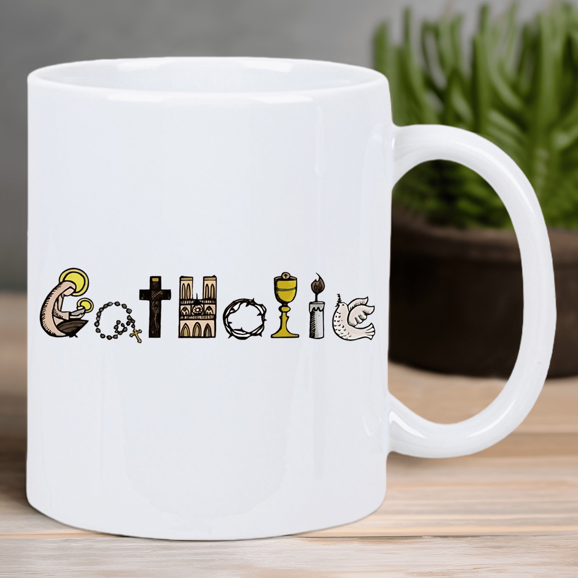 Tailorly White Ceramic 11 oz Mug - Catholic Faithful Religious Symbols Featuring Cross Chalice And Dove Mug