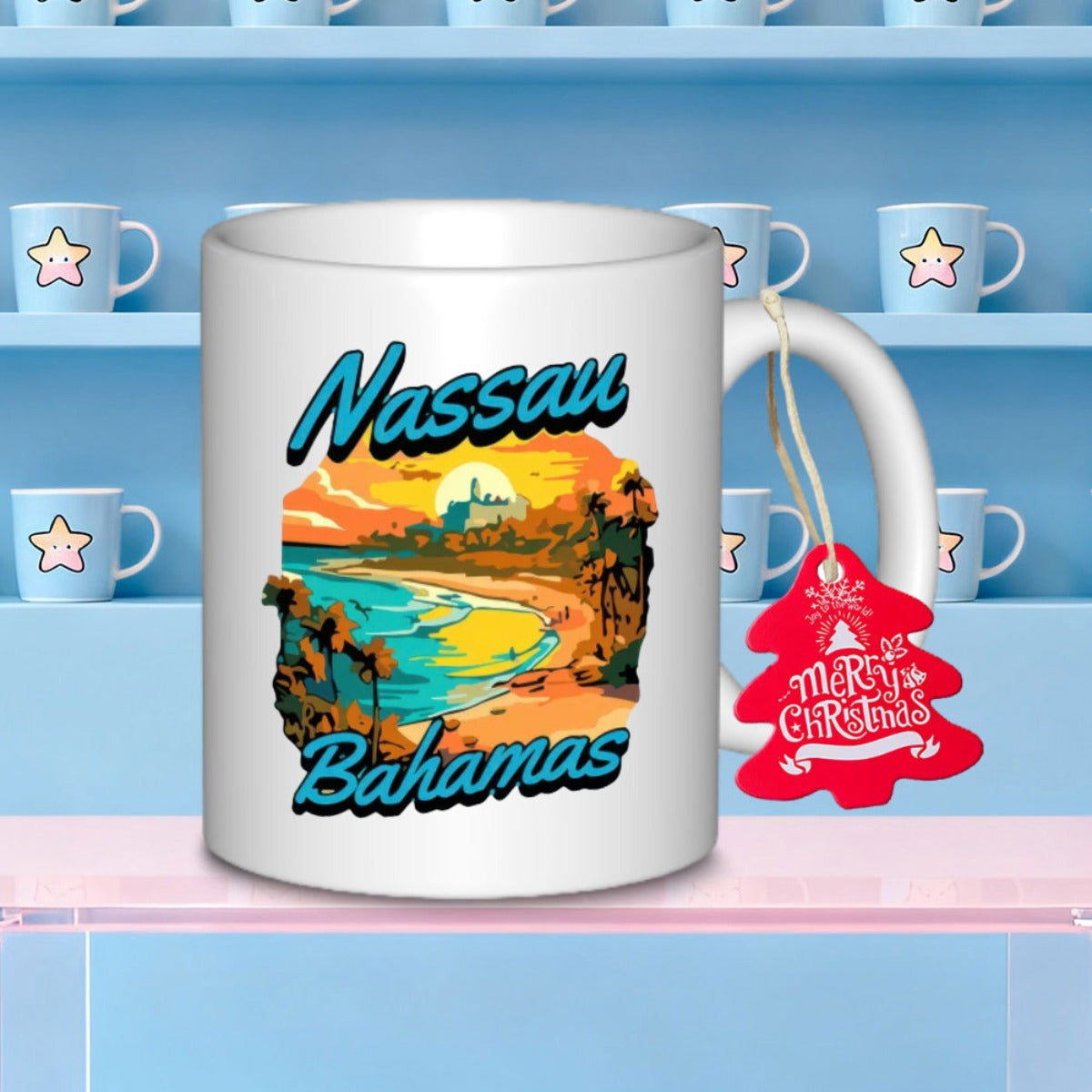 Tailorly White Ceramic 11 oz Mug - Nassau Bahamas Vibrant Tropical Sunset Over Turquoise Ocean Waves Near Sandy Tropical Beach