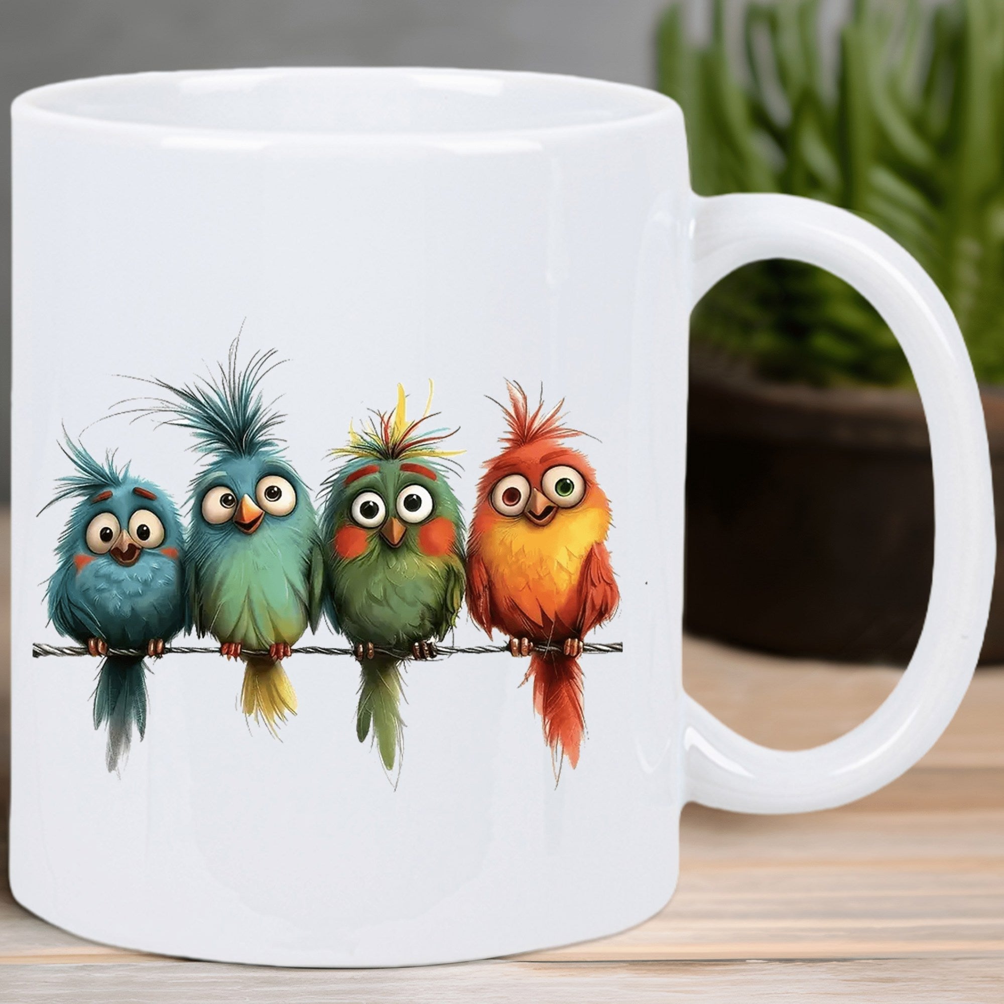 Tailorly White Ceramic 11 oz Mug - Four Playful Colorful Cartoon Birds Perching Together On A Thin Wire Bird