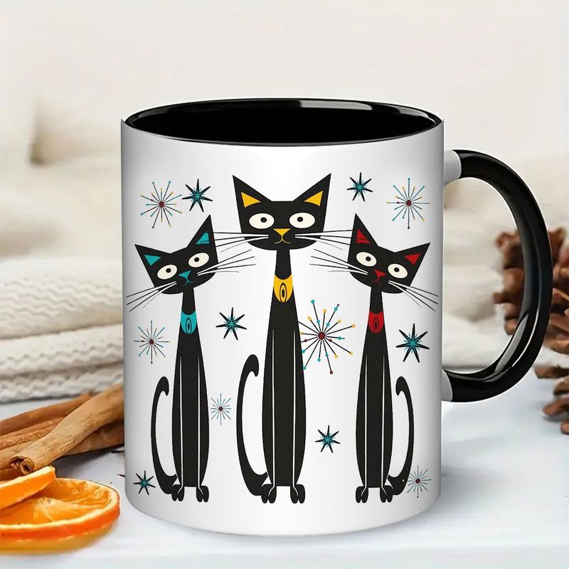 Tailorly Black Accent 11 oz Mug - black cat with colorful collar and retro starburst design