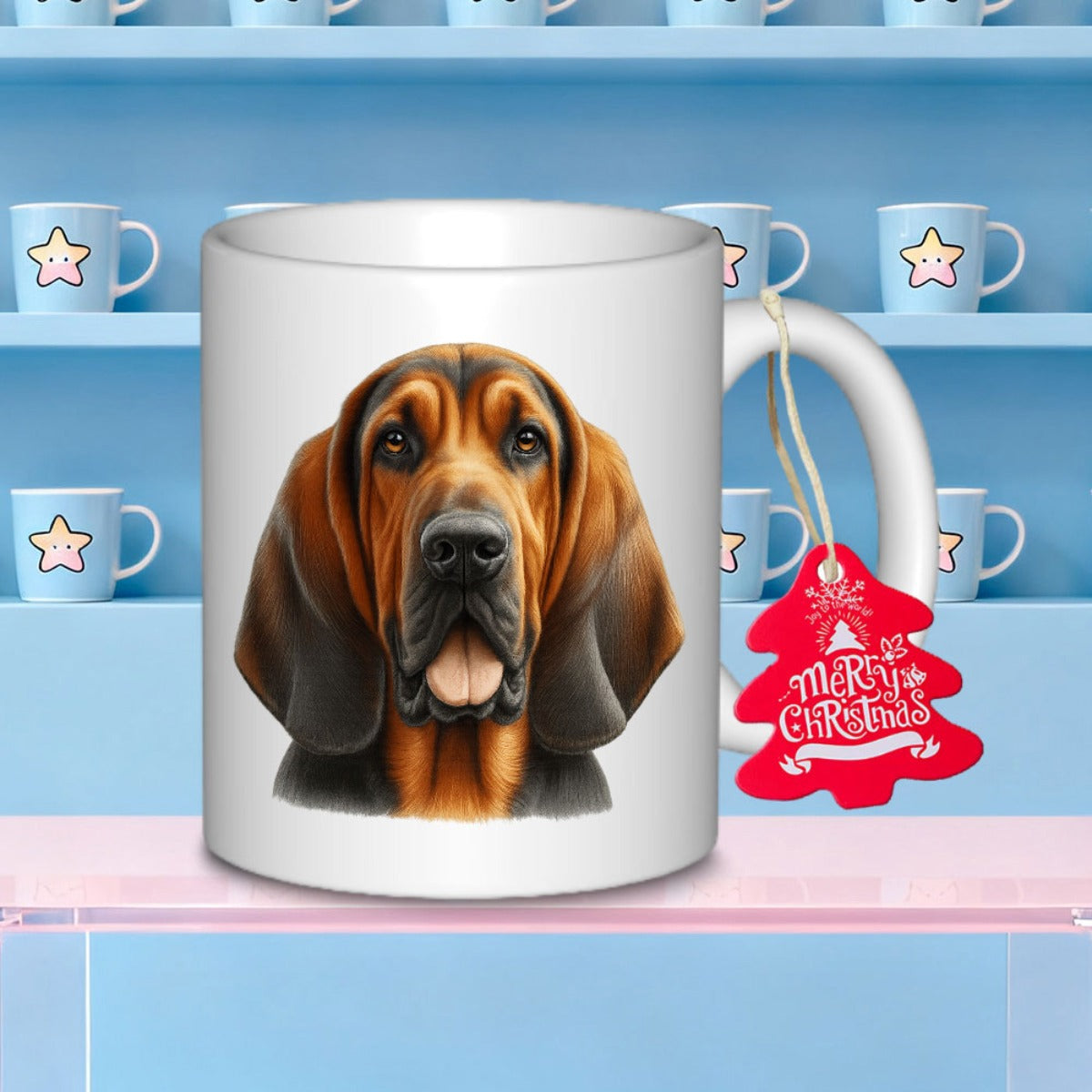 Tailorly White Ceramic 11 oz Mug - Merry Christmas Detailed Brown Fur Long Ears Loyal Expression Staring Forward Realistic Artistic Portrait Bloodhound