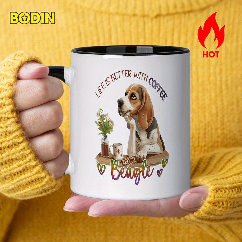 Tailorly Black Accent 11 oz Mug - "is better with coffee and my beagle dog" text with a beagle dog illustration