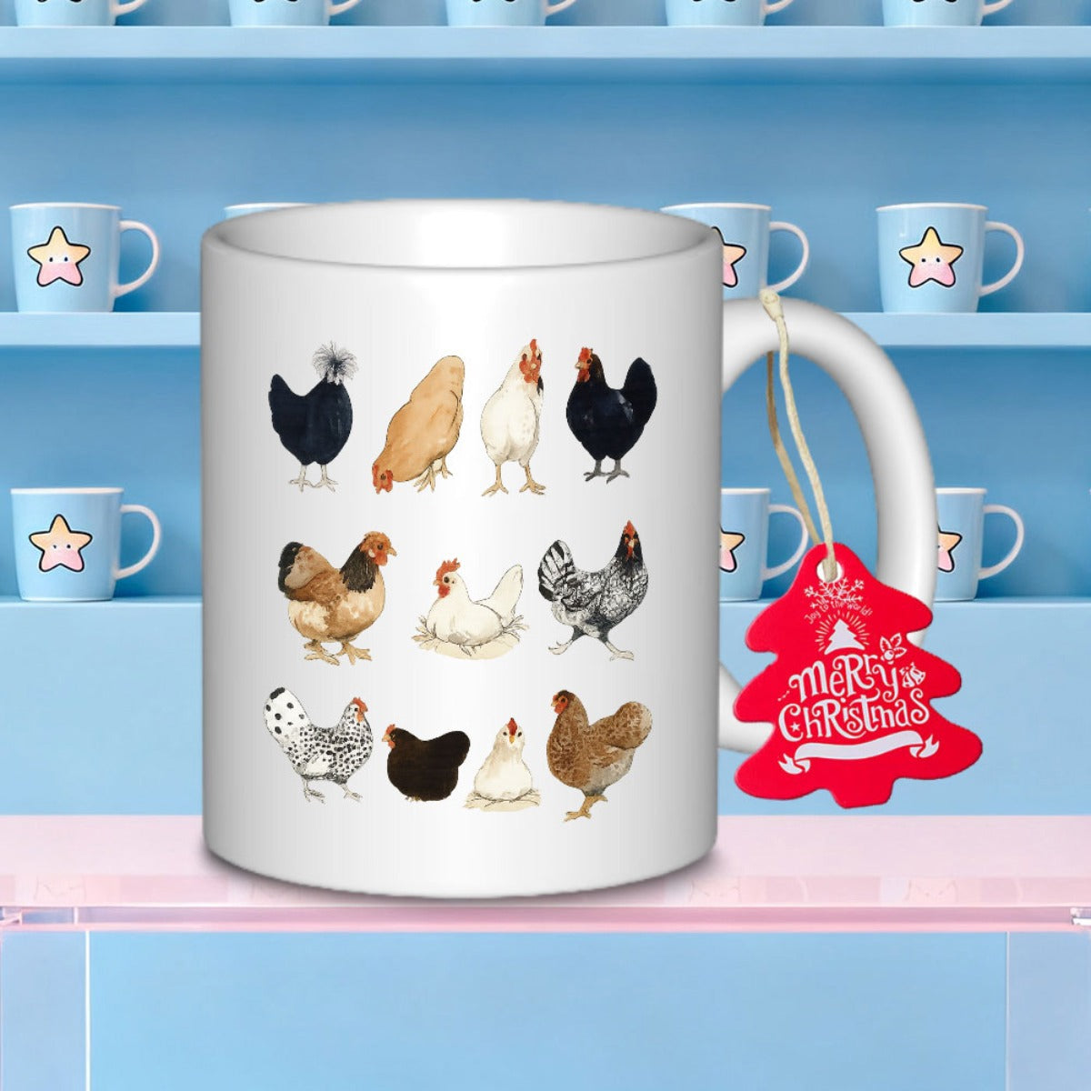 Tailorly White Ceramic 11 oz Mug - Diverse Breeds Of Hens And Roosters Standing In A Grid Arrangement Chicken
