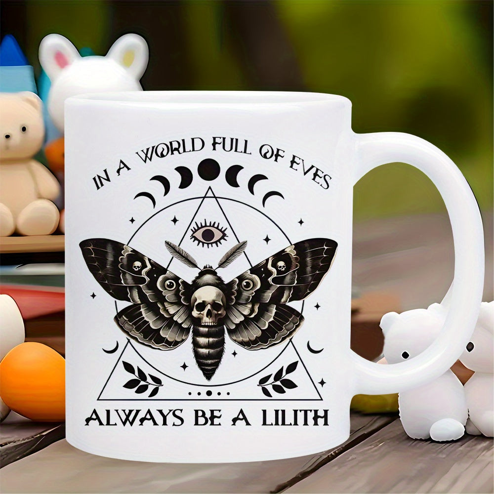 Tailorly White Ceramic 11 oz Mug - In A World Full Of Eves Always Be A Lilith Moon Phases Above A Gothic Death Head Moth Inside A Geometric Triangle Moth