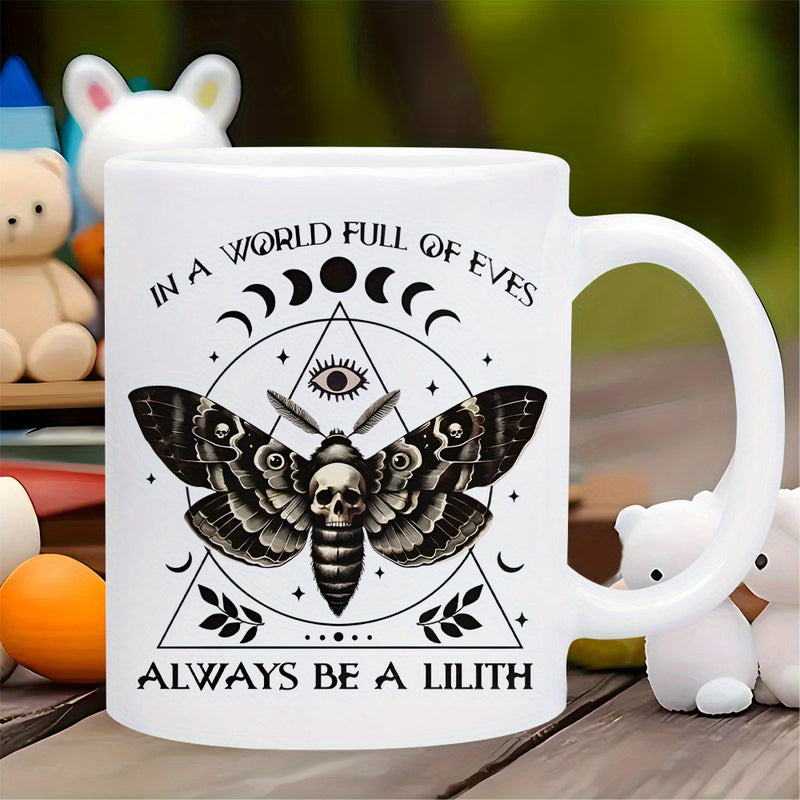 Tailorly White Ceramic 11 oz Mug - In A World Full Of Eves Always Be A Lilith Moon Phases Above A Gothic Death Head Moth Inside A Geometric Triangle Moth