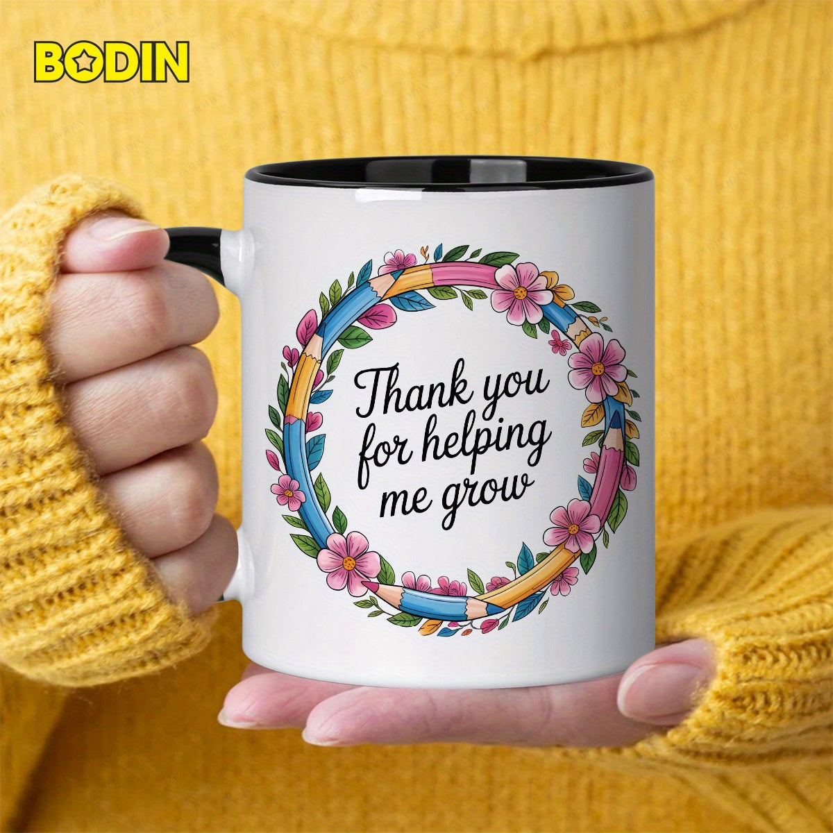 Tailorly Black Accent 11 oz Mug - thank you for helping me grow floral wreath design