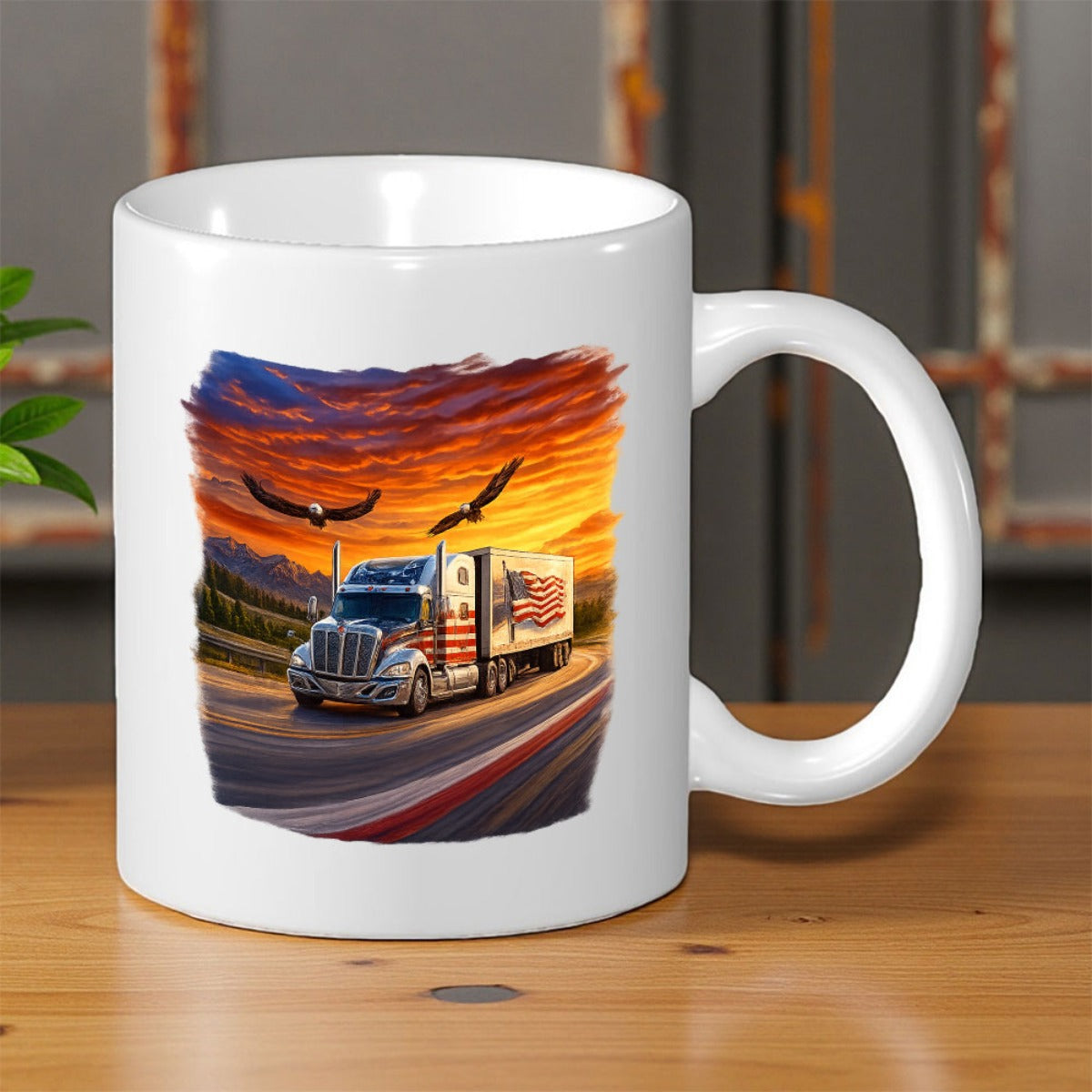 Tailorly White Ceramic 11 oz Mug - Powerful Semi Driving On Highway Under Golden Sunset Sky With Soaring Eagles Truck