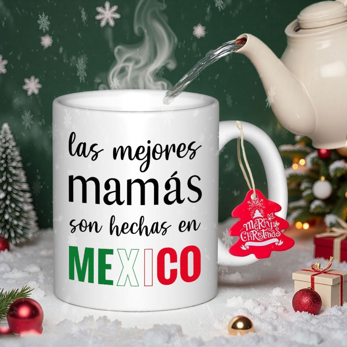 Tailorly White Ceramic 11 oz Mug - Merry Christmas Festive Winter Atmosphere With Steaming Water Poured Into A
