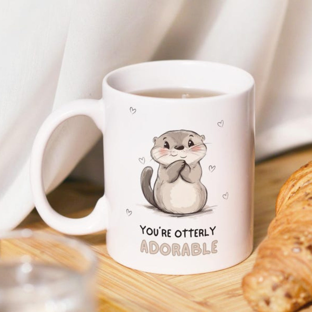 Tailorly White Ceramic 11 oz Mug - Youre Otterly Adorable Cute Blushing Cartoon Character With Small Hearts Floating In The Air Otter
