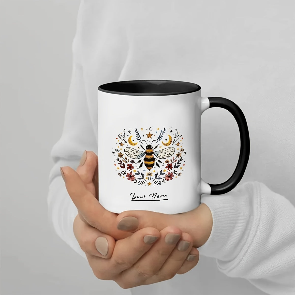 Tailorly Black Accent 11 oz Mug - customizable bee floral ceramic mug with personalized text