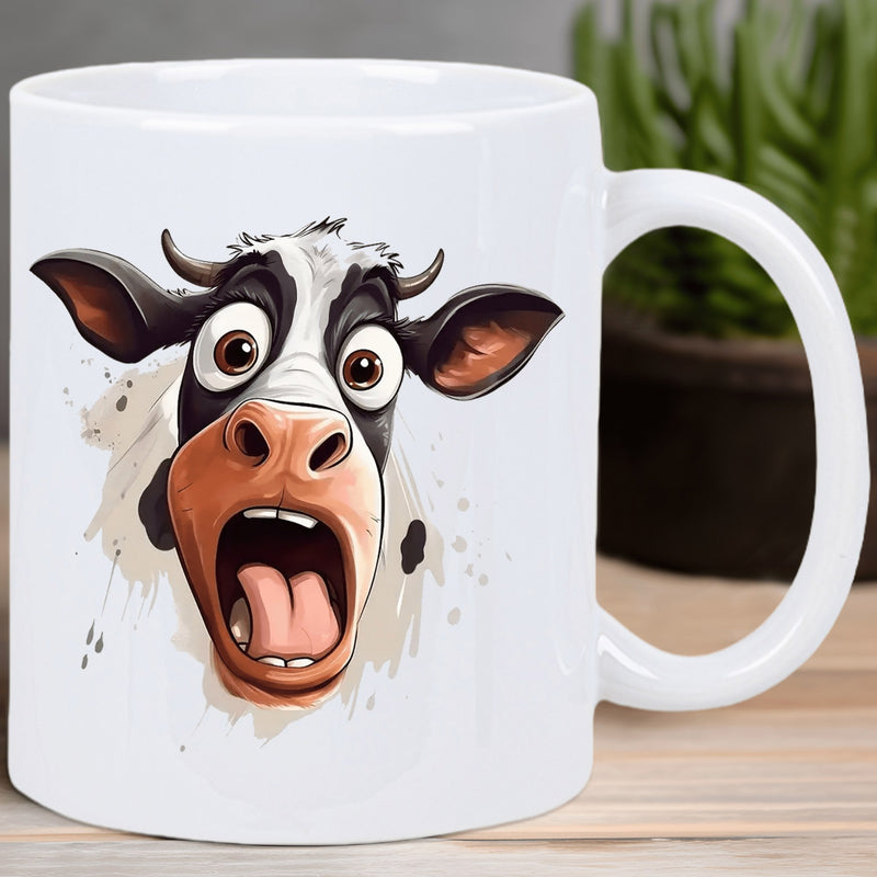 Tailorly White Ceramic 11 oz Mug - Amusing Surprised Expression Featuring A Wide Eyed Curious Farm Animal Cow