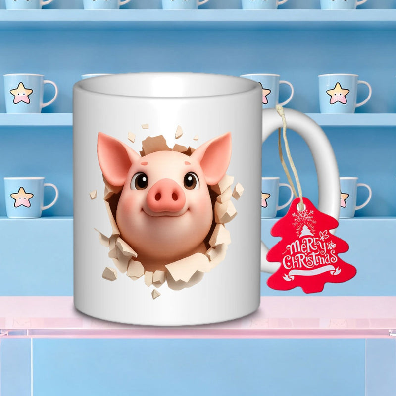 Tailorly White Ceramic 11 oz Mug - Merry Christmas Adorable Pink Little Animal Breaking Through White Cracked Stone Texture Surface Pig