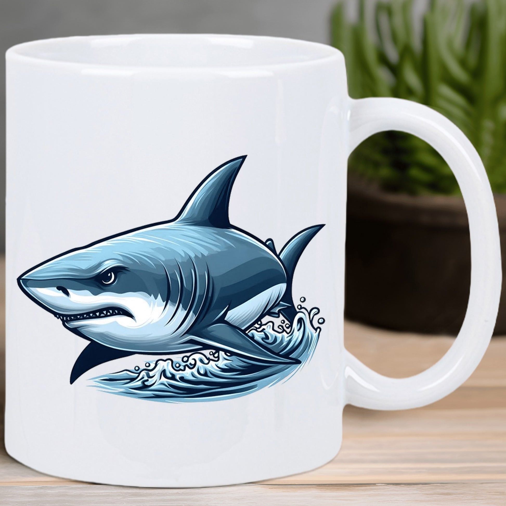Tailorly White Ceramic 11 oz Mug - Powerful Great White Leaping From Crashing Deep Blue Ocean Waves Shark